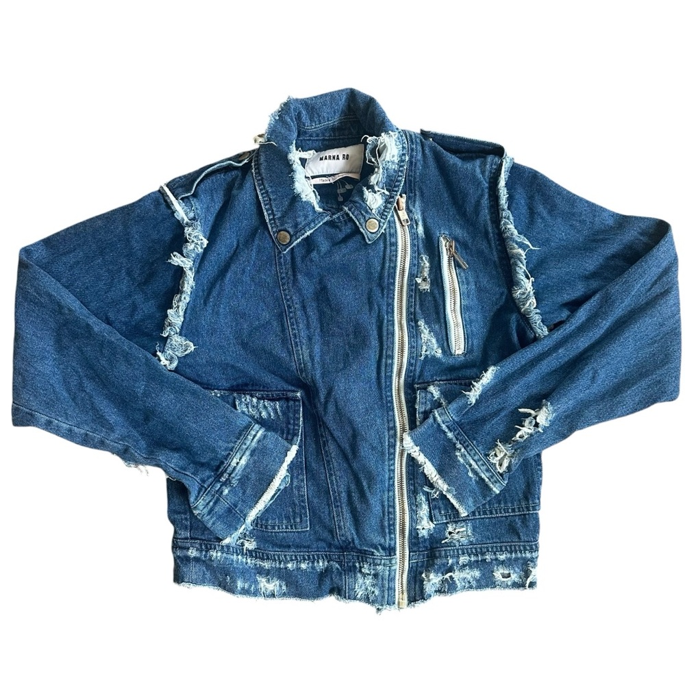 Marna Ro Heavily Distressed Ripped Zipper Moto Denim Jacket USA MADE Size XS